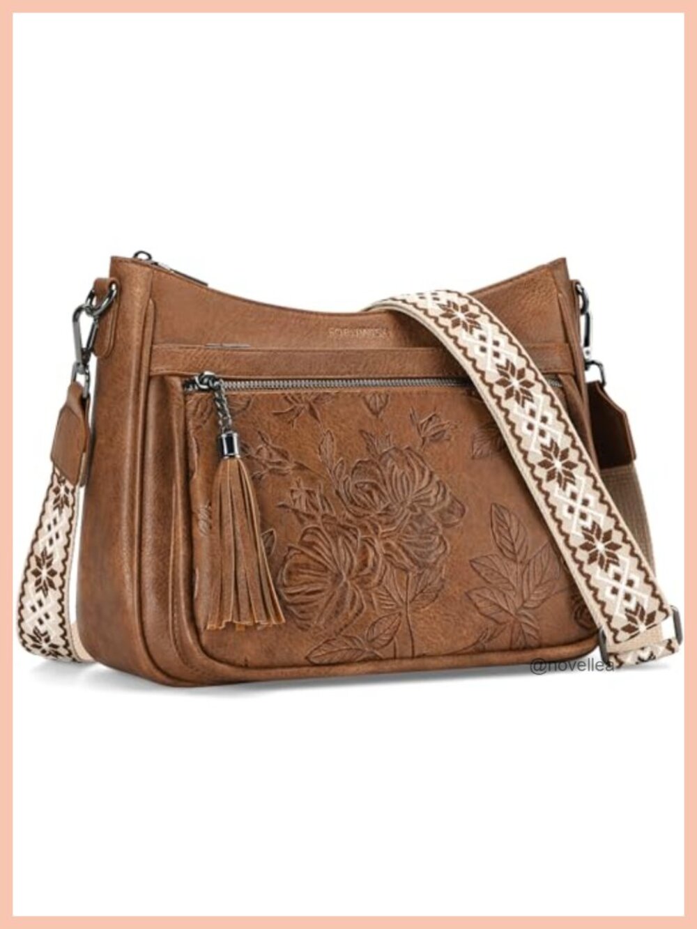 Vegan Leather Crossbody Bag with Boho Strap, Multi-Pocket Shoulder Purse for
